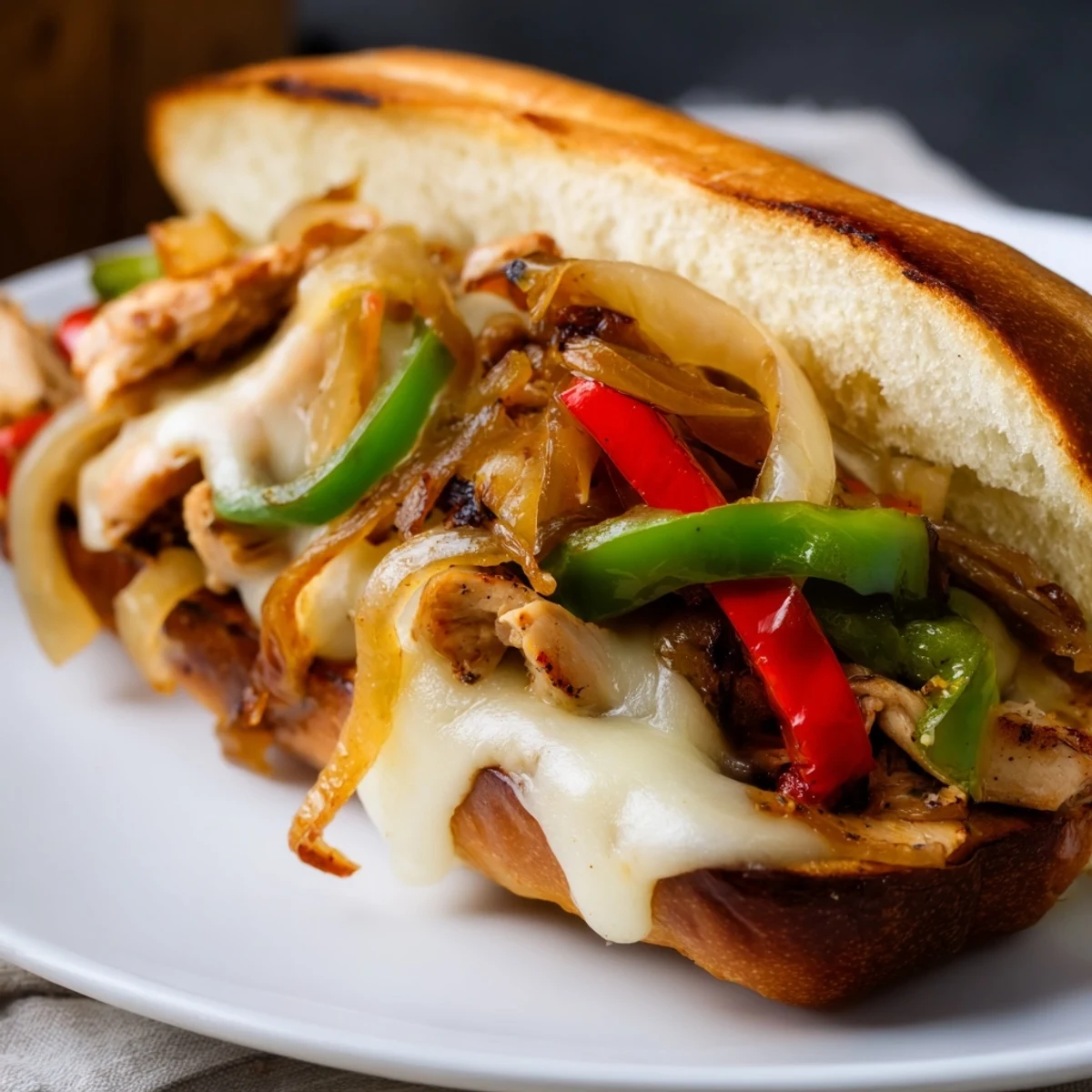 Golden toasted hoagie roll piled high with Chicken Cheesesteak Sandwiches, melted provolone, and colorful sautéed peppers and onions