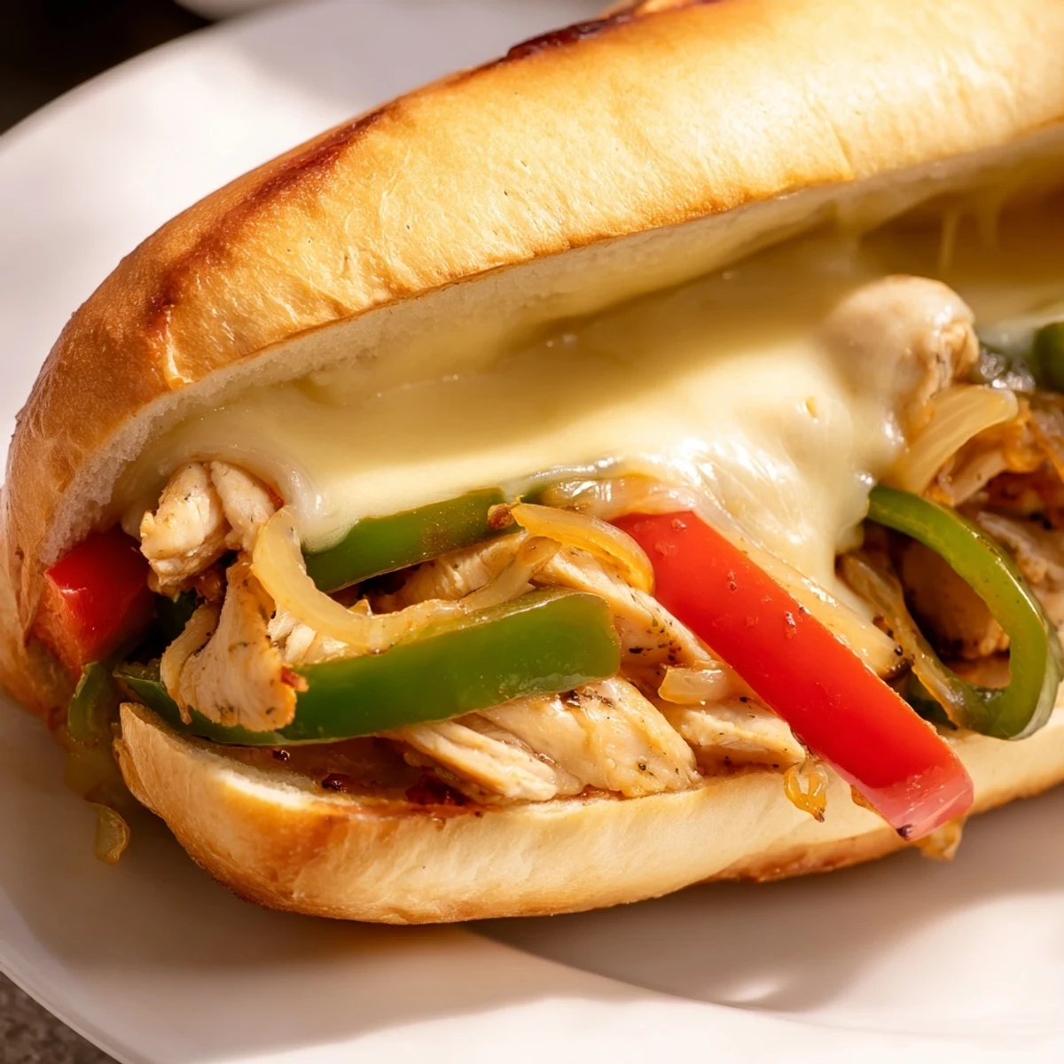 Chicken Cheesesteak Sandwiches featuring tender seasoned chicken strips, gooey provolone cheese, and caramelized vegetables in a warm sub roll