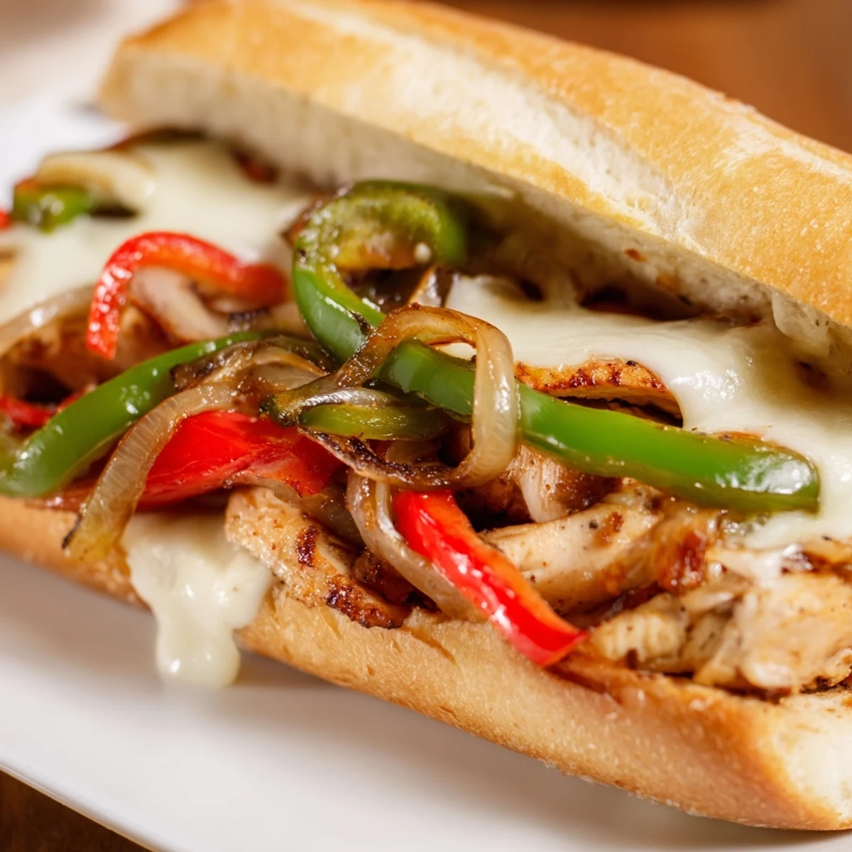 Delicious Chicken Cheesesteak Sandwiches overflowing with juicy chicken, sweet bell peppers, and melted cheese on a crispy toasted bun