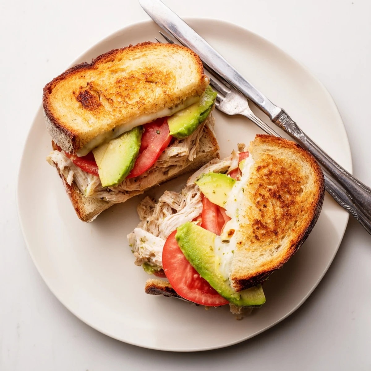 Sliced chicken and fresh avocado layered in a hot grilled cheese sandwich
