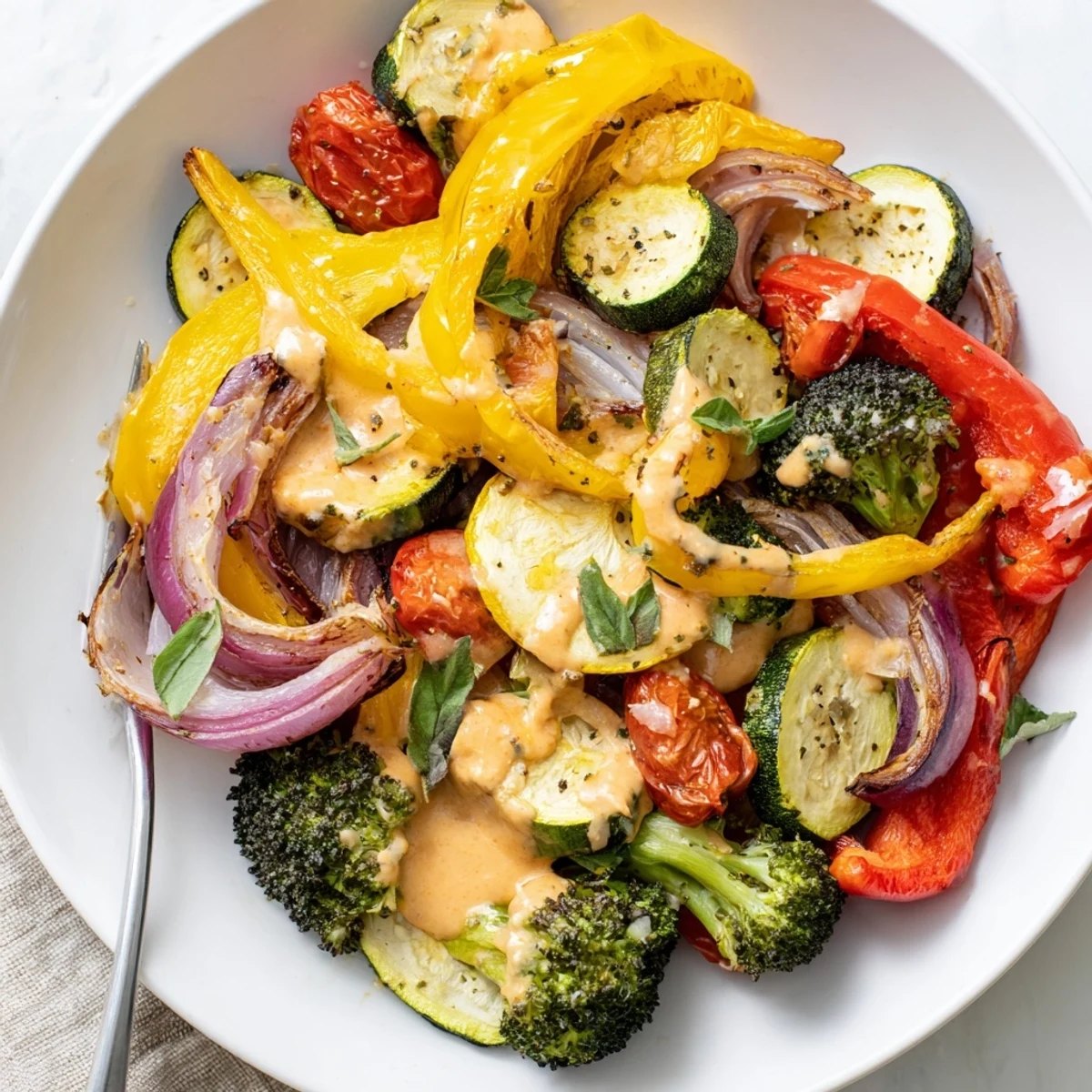 Golden roasted vegetables drizzled with creamy sun-dried tomato sauce on a white serving platter