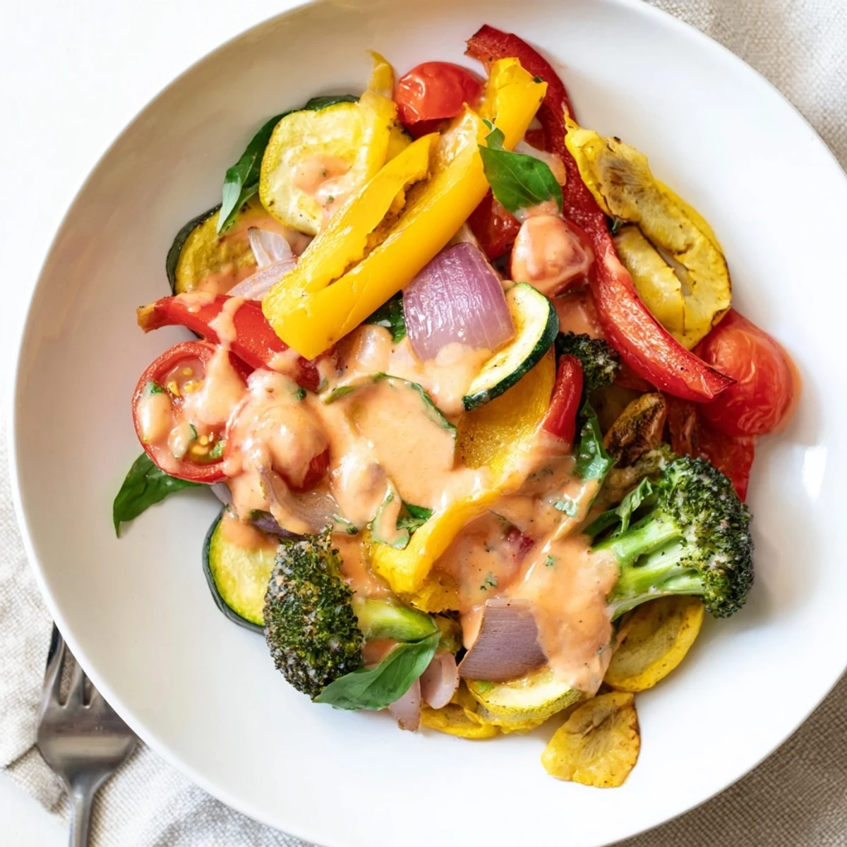 Oven-roasted vegetables tossed in tangy sun-dried tomato sauce and garnished with fresh basil leaves