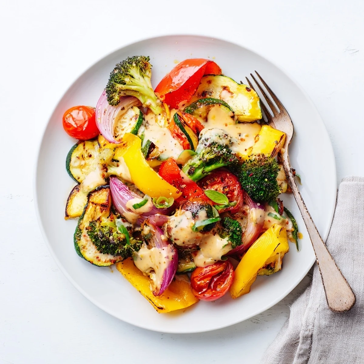 Colorful vegetable medley with zucchini peppers and cherry tomatoes coated in rich Parmesan cream sauce