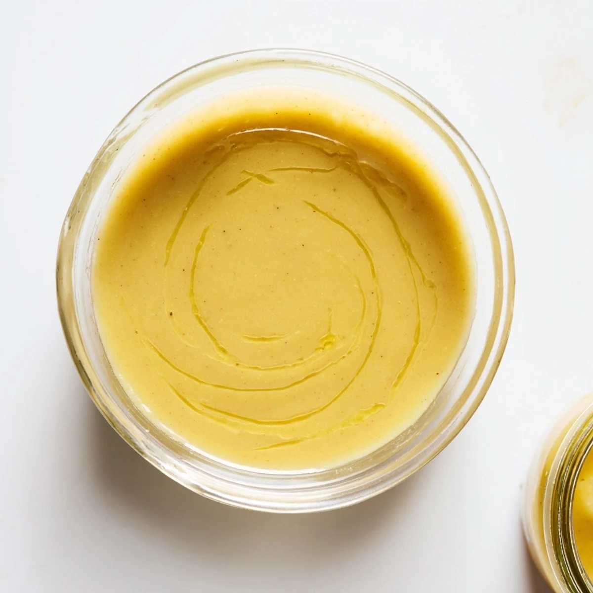 Tangy honey lemon vinaigrette dressing emulsified in a glass jar with honey dipper