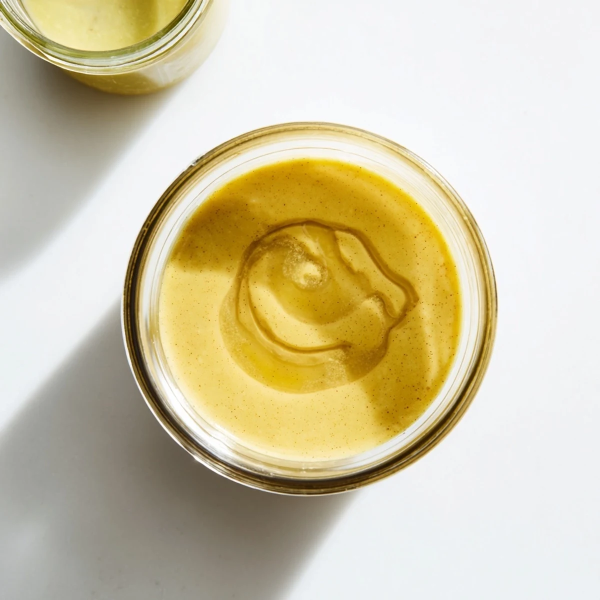 Golden honey lemon vinaigrette drizzled over fresh mixed greens in a white bowl