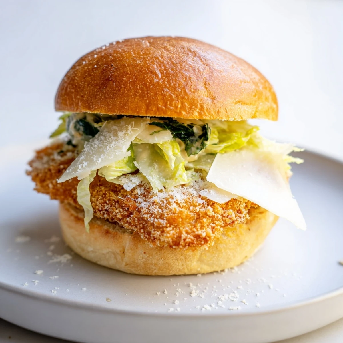 Golden crispy chicken Caesar sandwich stacked with romaine lettuce and Parmesan on toasted brioche bun