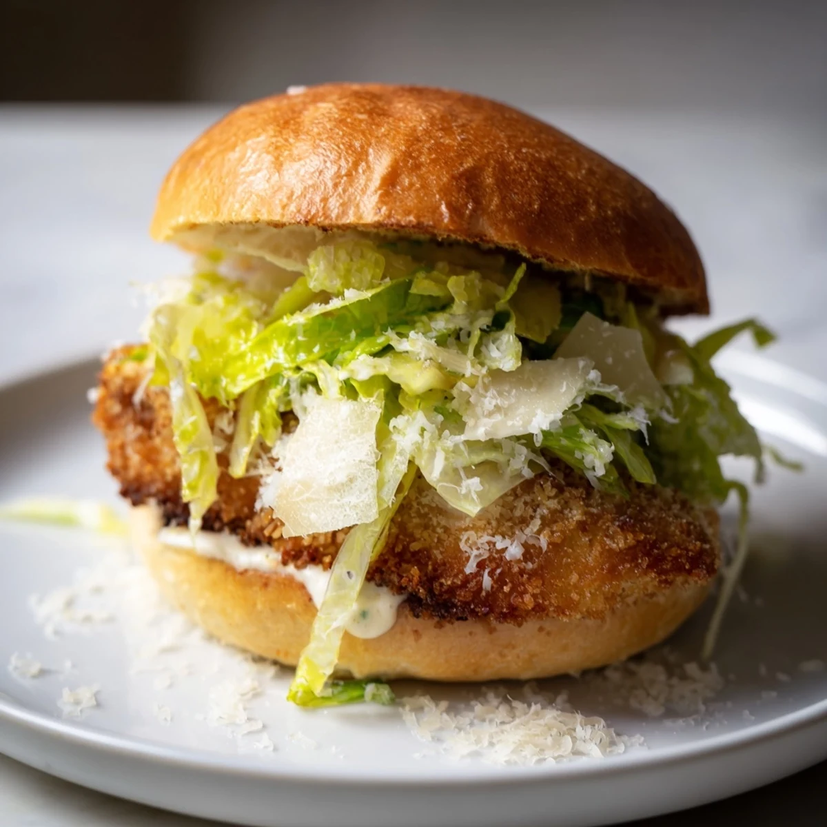 Savory crispy chicken Caesar sandwich featuring crunchy fried chicken breast with tangy dressing and shaved Parmesan