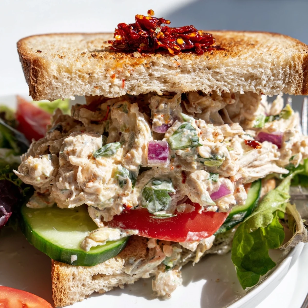 Golden chicken salad sandwich topped with fresh crisp vegetables and spicy chili crisp drizzle