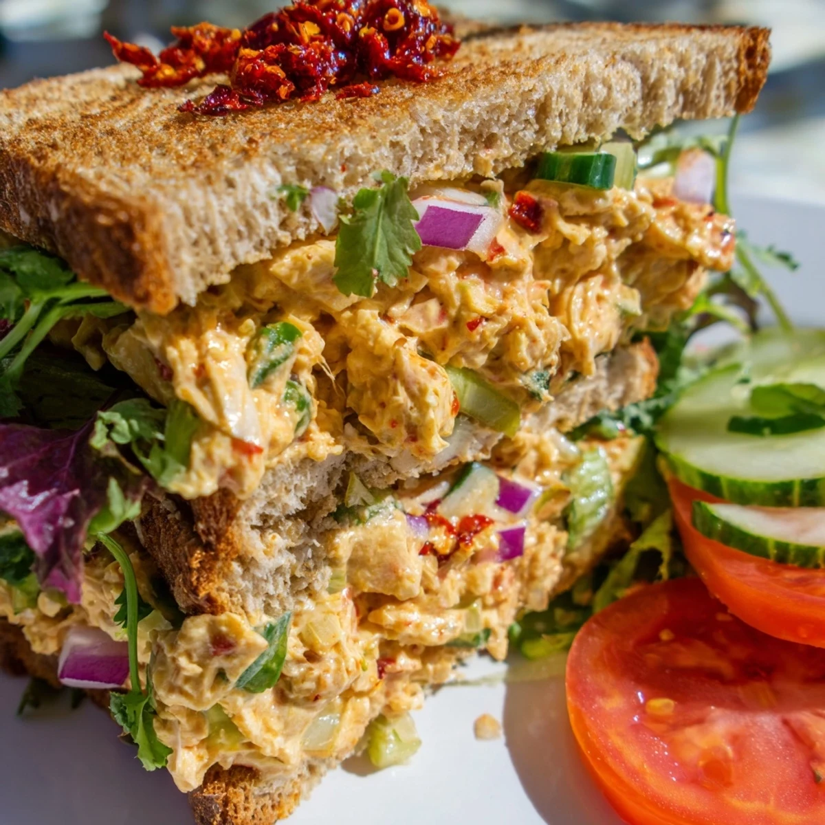 Open-faced chicken salad sandwich with chili crisp featuring tender meat and crunchy cucumber slices