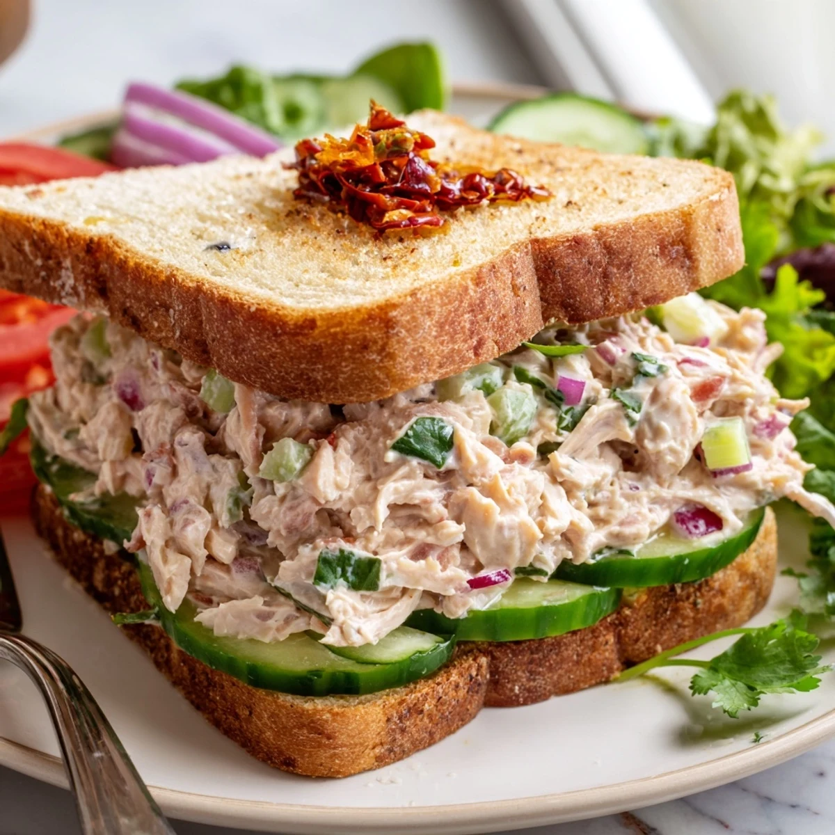Loaded chicken salad sandwich on toasted bread layered with juicy tomato and zesty chili crisp