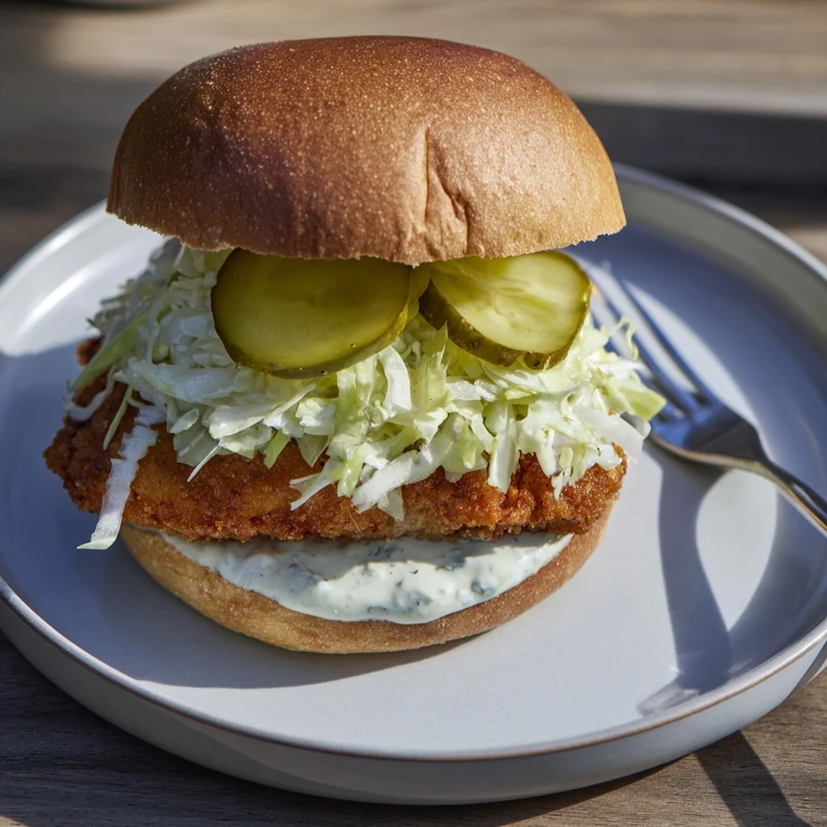 Crispy fried chicken breast sandwich topped with pickles and creamy dill mayo sauce