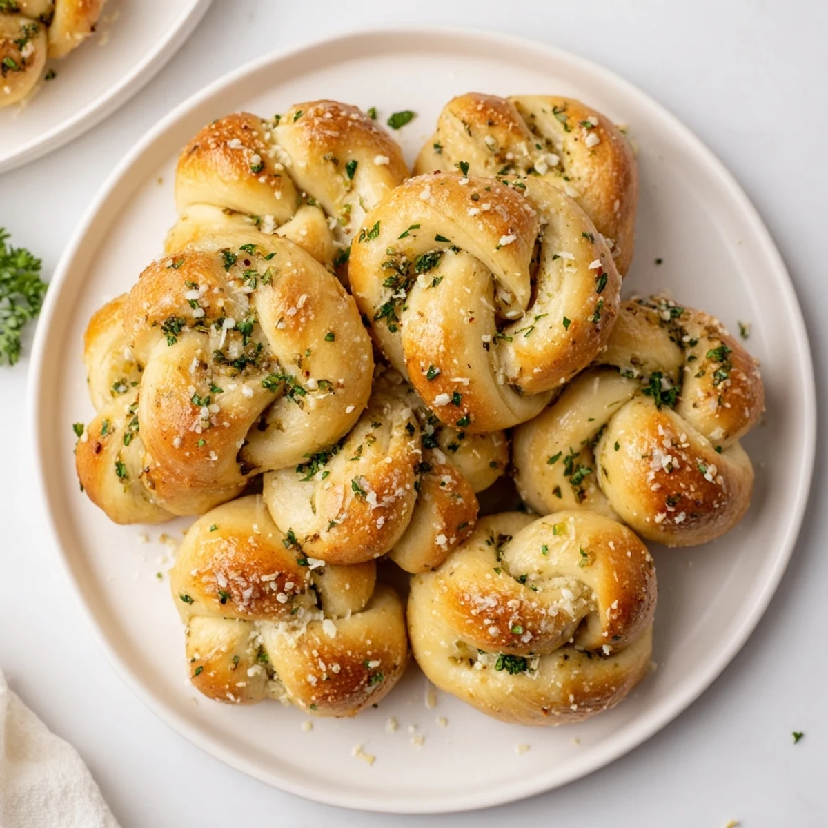 Soft pillowy gluten-free garlic knots tied into shapes and topped with grated Parmesan cheese