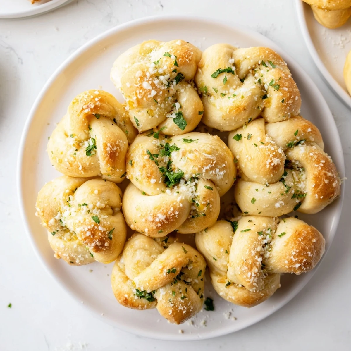 Golden gluten-free garlic knots brushed with butter and fresh parsley, arranged on a white plate