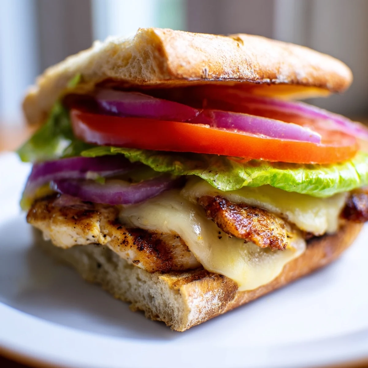 Golden melted cheddar atop juicy grilled chicken breast layered on toasted ciabatta bun