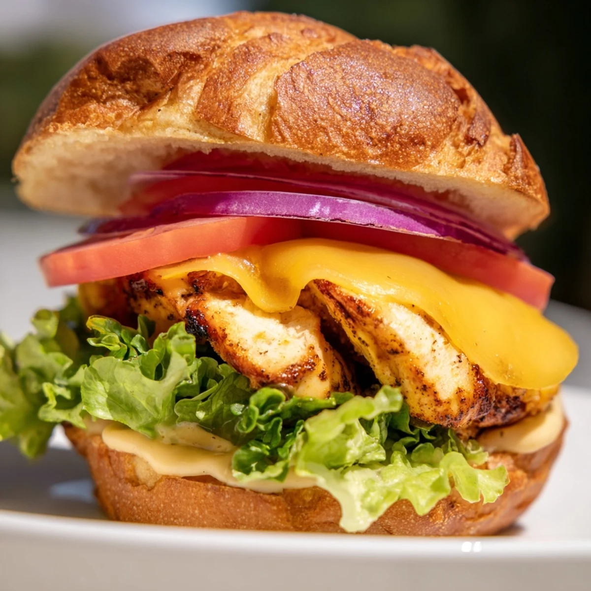 Mouthwatering cheesy grilled chicken sandwich with tangy sauce and melted cheese on bread