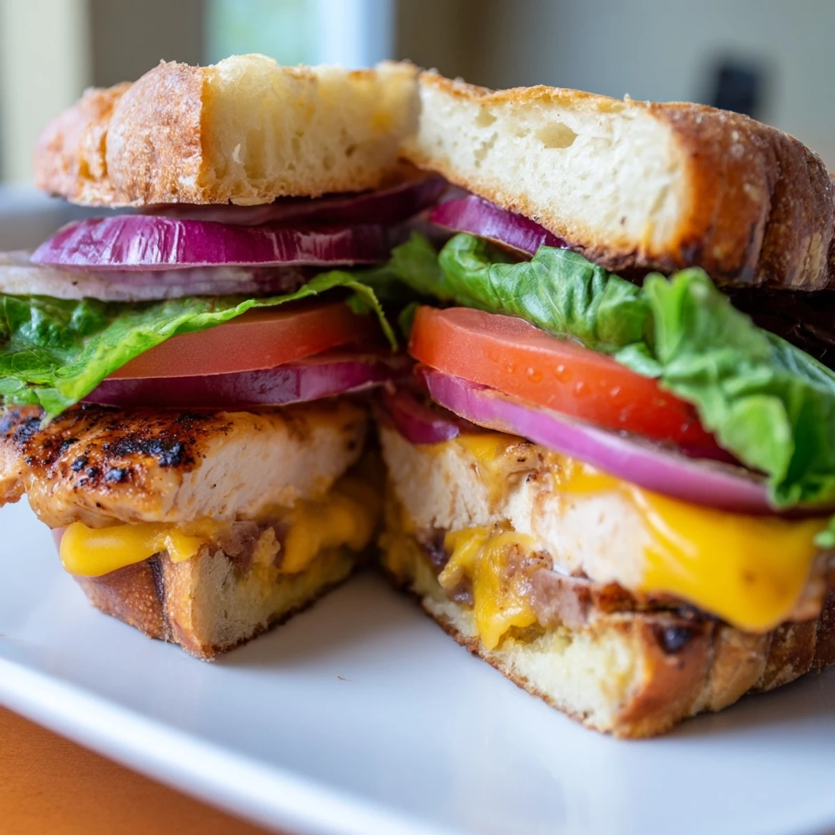 Crisp lettuce and fresh tomato accompany cheesy grilled chicken sandwich on warm toasted roll
