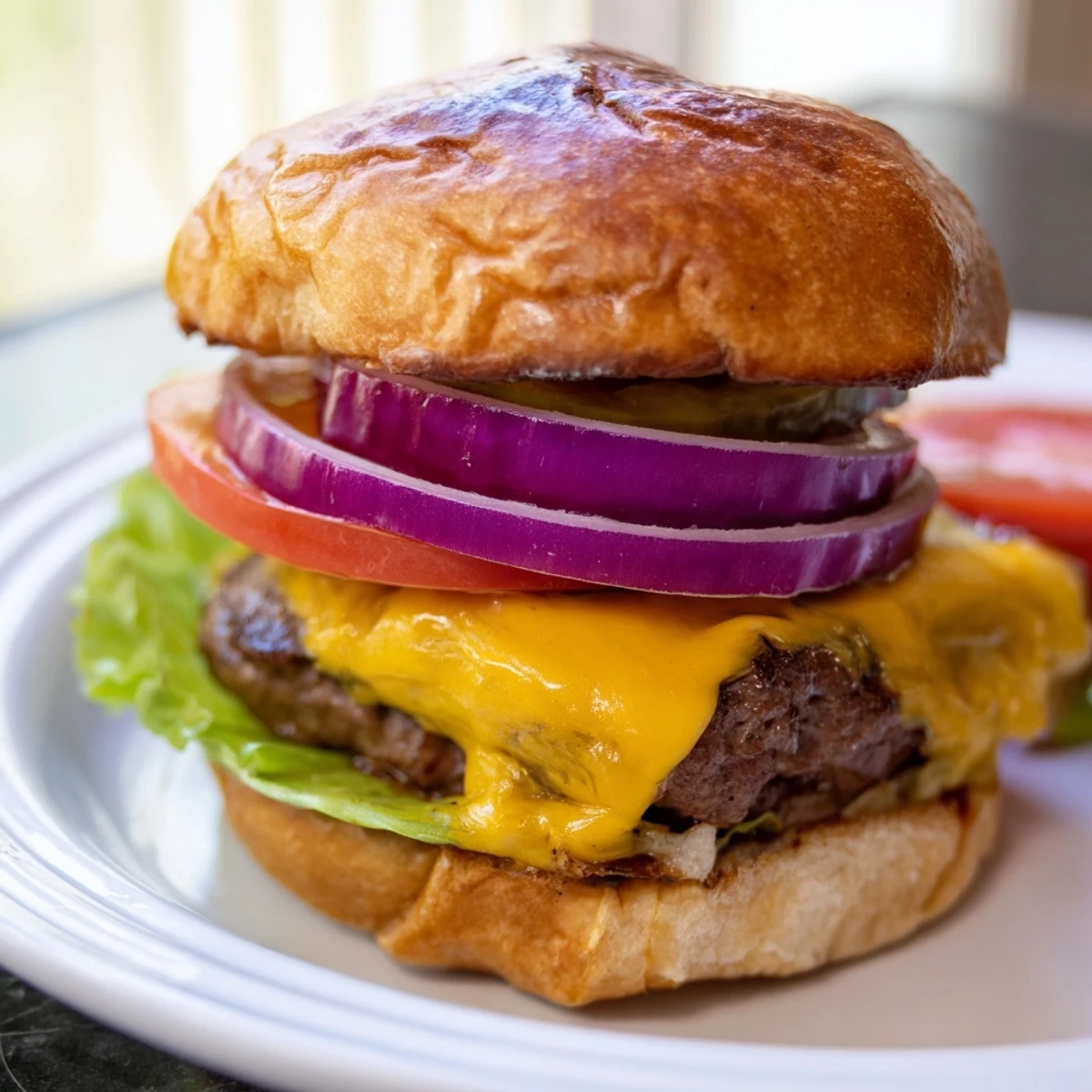 Golden brown smash burger with melted cheese and fresh vegetables on toasted bun