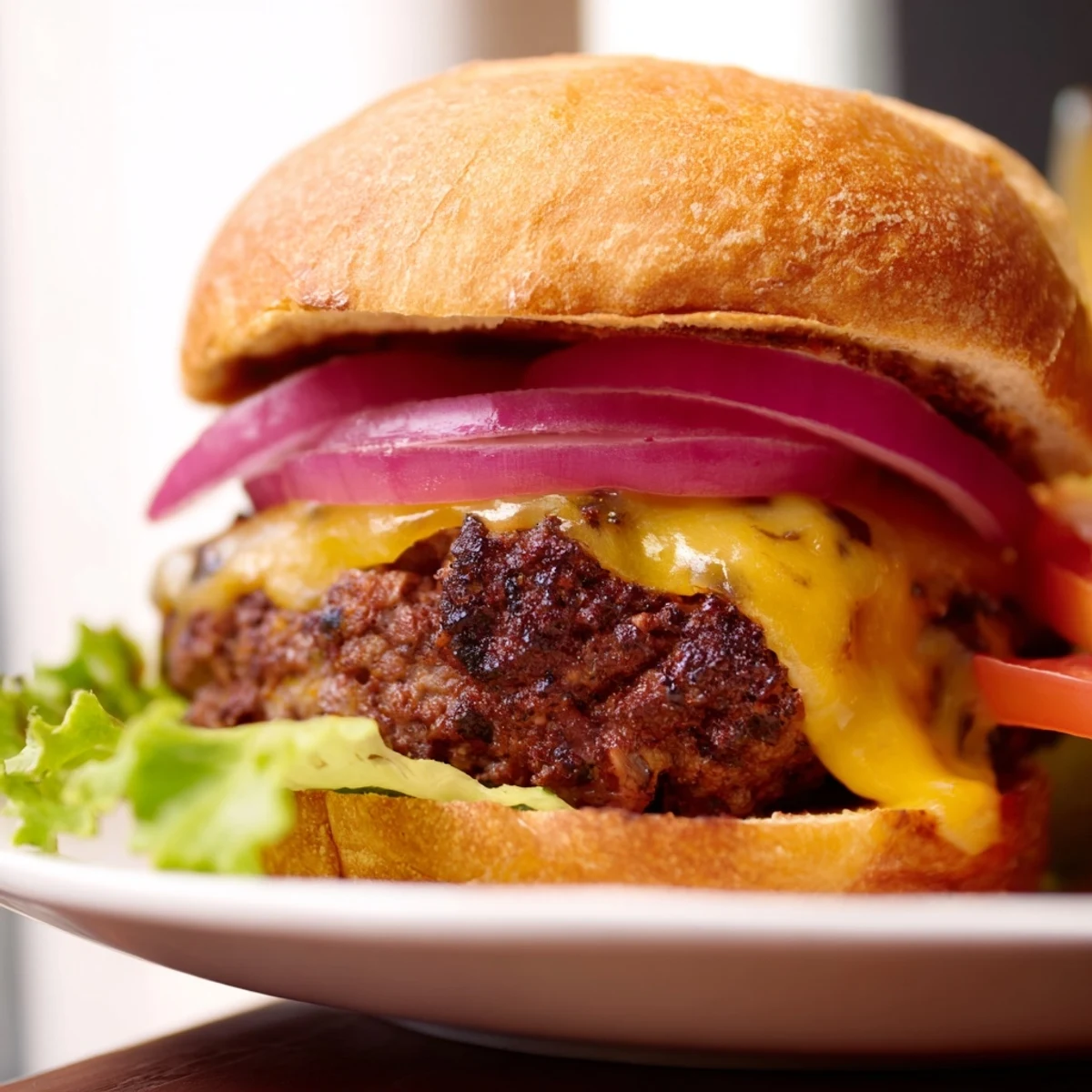 Juicy American smash burger featuring crispy edges and melted cheese on a sesame seed bun