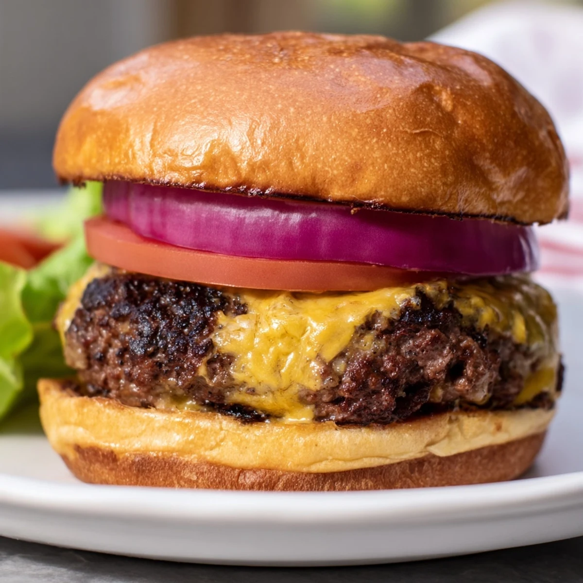 Homemade smash burger piled high with lettuce, tomato, onion, and melty American cheese