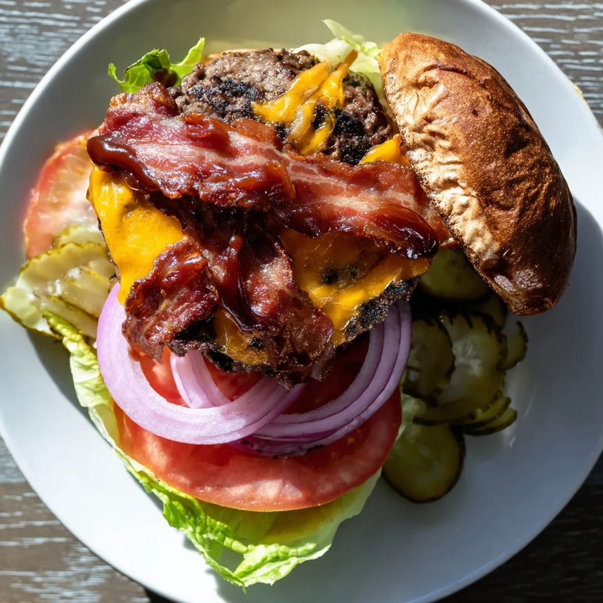 Juicy hearty BBQ bacon burger topped with melted cheddar and crispy smoky bacon strips