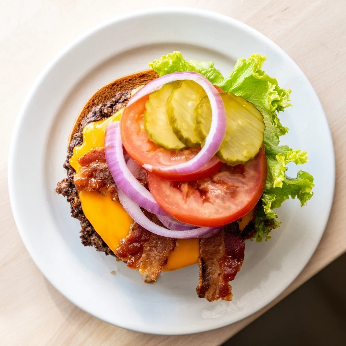 Golden toasted hearty BBQ bacon burger stacked high with fresh lettuce tomato and red onion