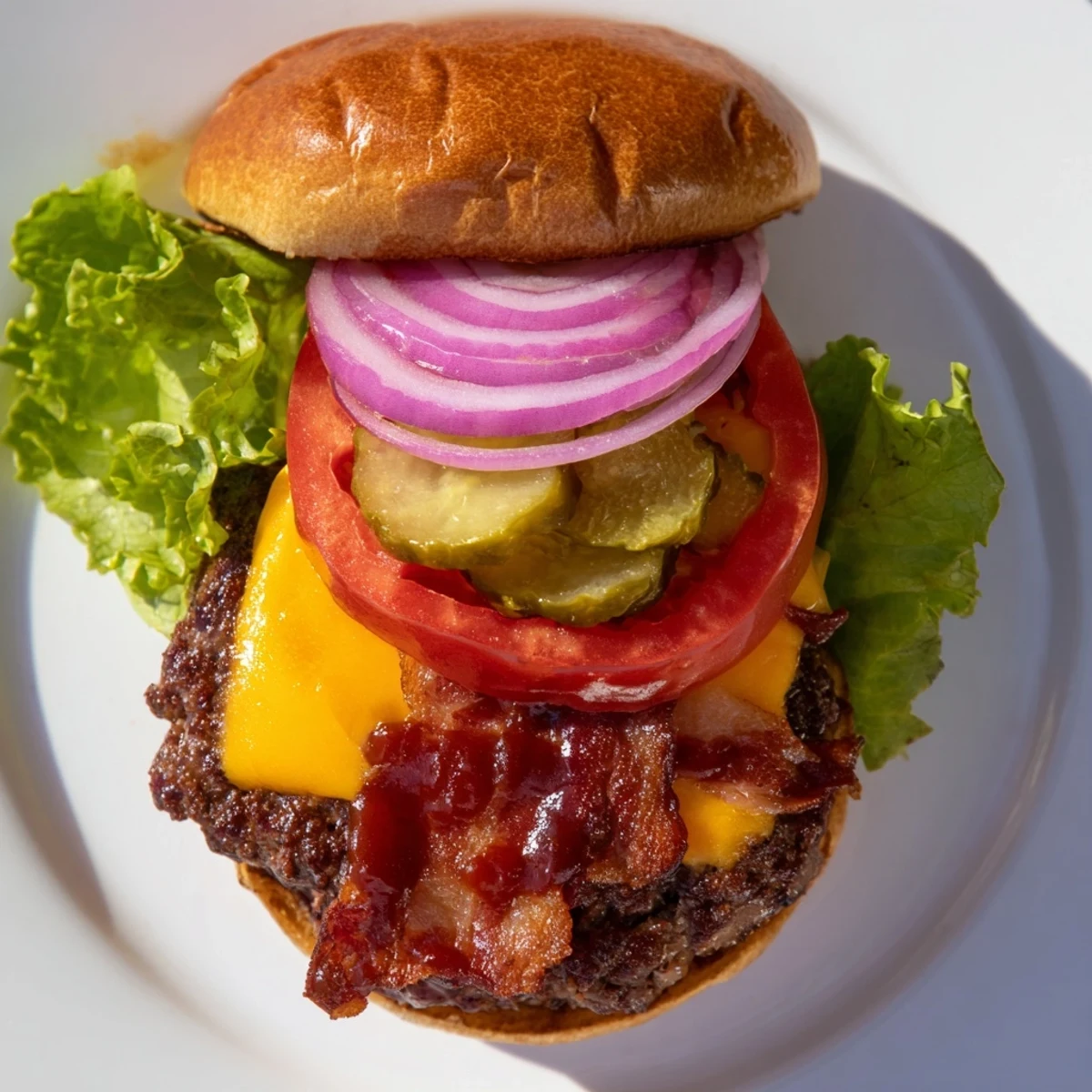 Sizzling hearty BBQ bacon burger on a brioche bun dripping with tangy barbecue sauce and cheese