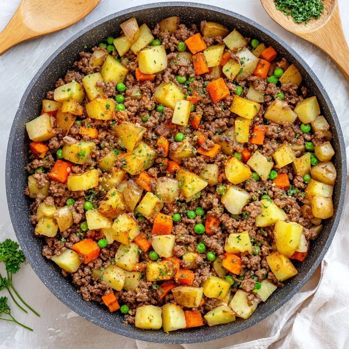Savory one pan ground beef and potatoes dinner featuring tender chunks of russet potatoes in rich beef broth