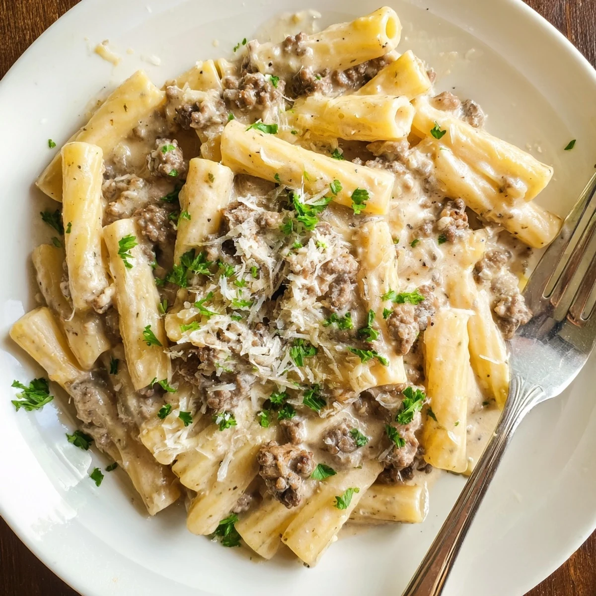 Creamy beef pasta featuring tender ground beef coated in rich Parmesan sauce over al dente penne noodles