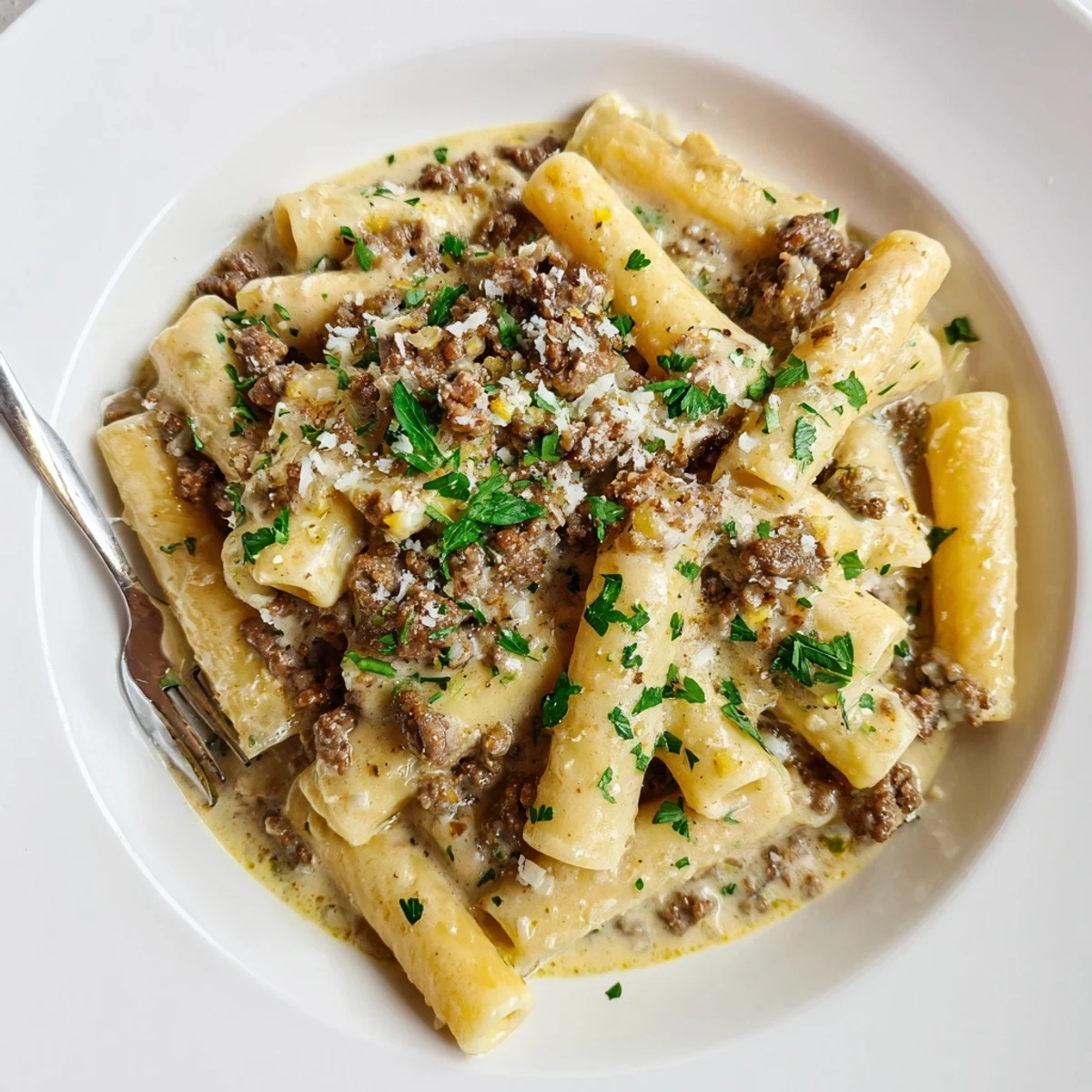 Hearty creamy beef pasta dish showing perfectly coated pasta with melted Parmesan in a white bowl
