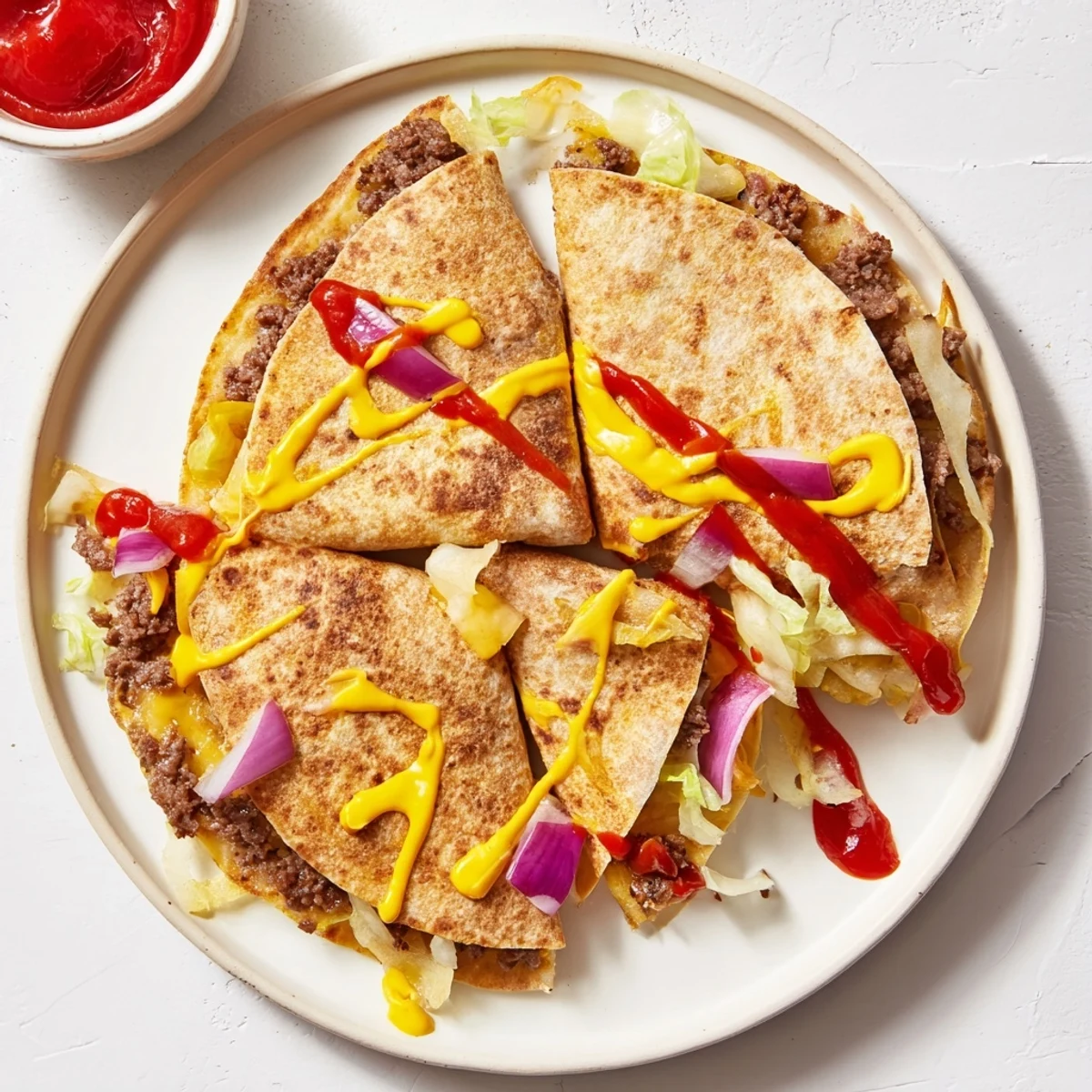 American-Mexican fusion smashburger quesadillas with shredded lettuce, diced onions and melted mozzarella cheese inside