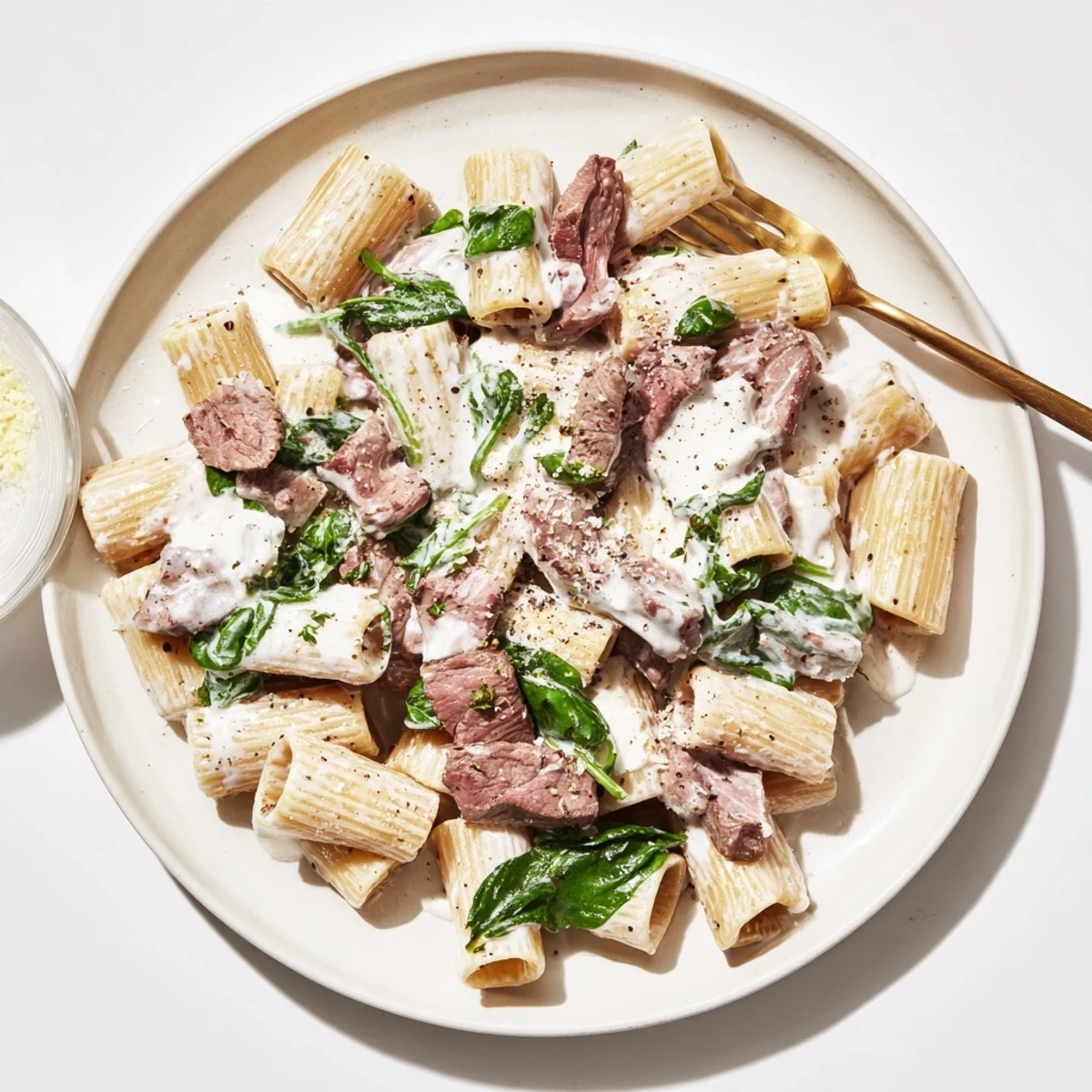 Hearty bowl of creamy high protein beef pasta tossed with savory beef and garnished with fresh parsley