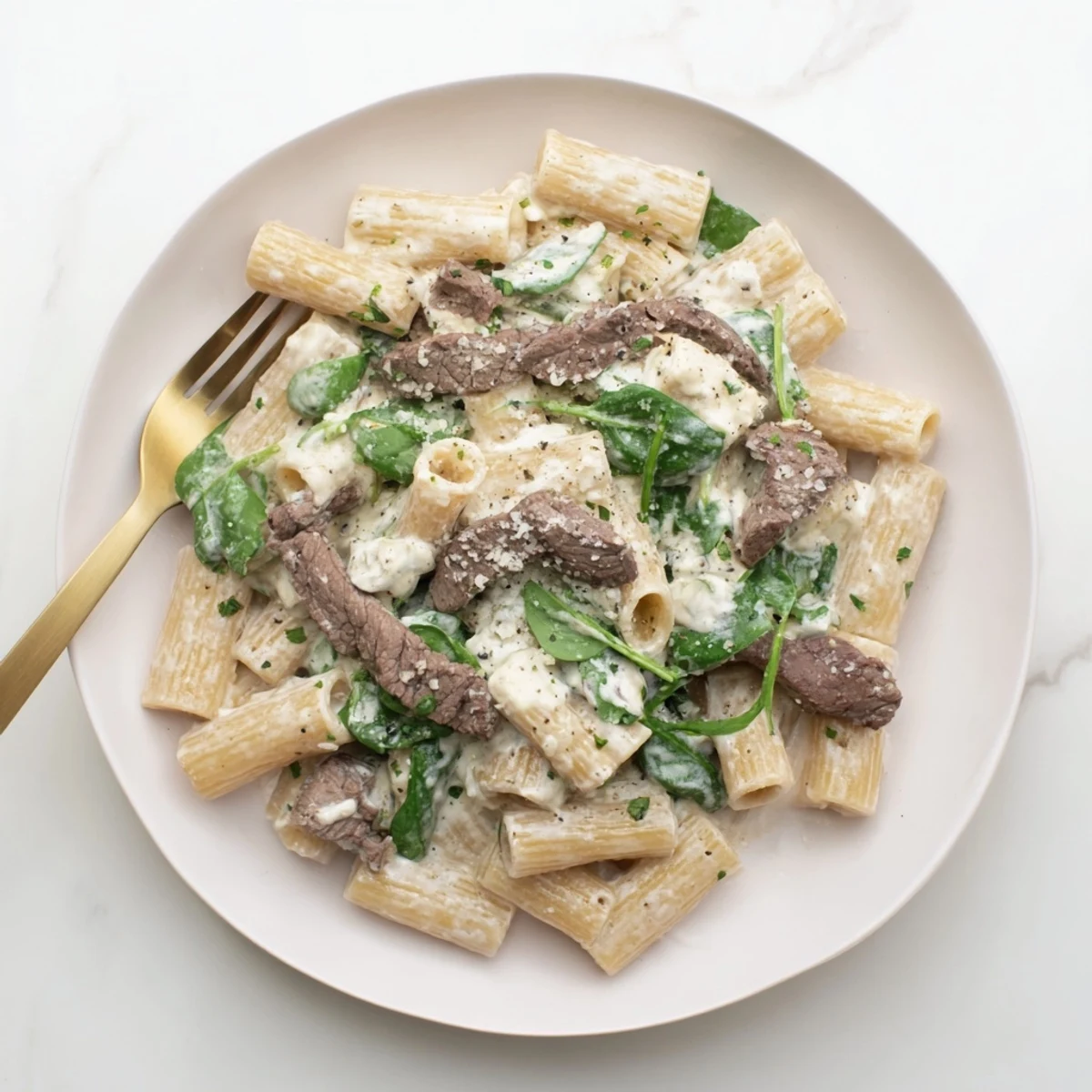 High protein beef pasta recipe showcasing al dente noodles coated in a velvety smooth cream sauce with beef strips