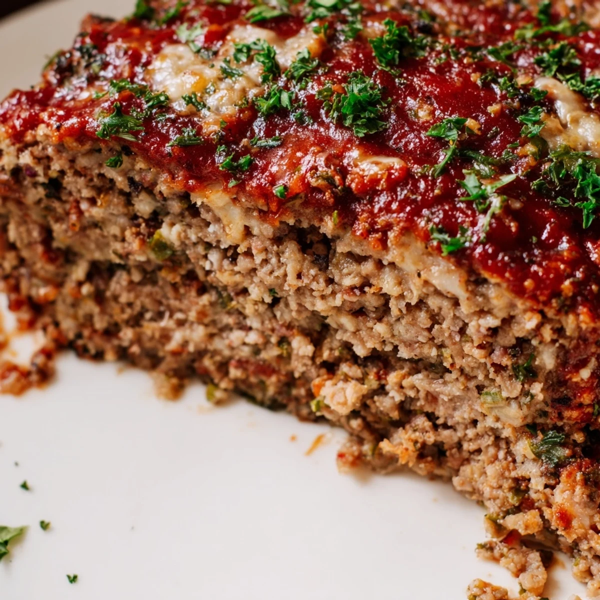 Golden brown garlic Parmesan meatloaf glazed with tangy tomato sauce and garnished with fresh parsley
