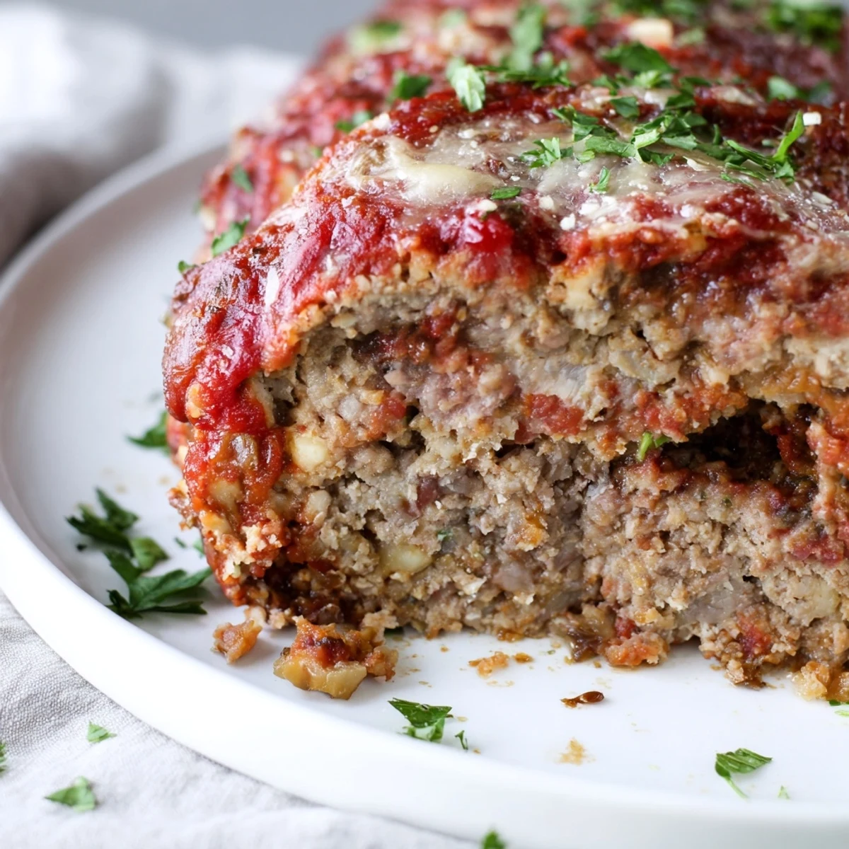 Savory sliced meatloaf with melted Parmesan crust served on a white plate with roasted vegetables
