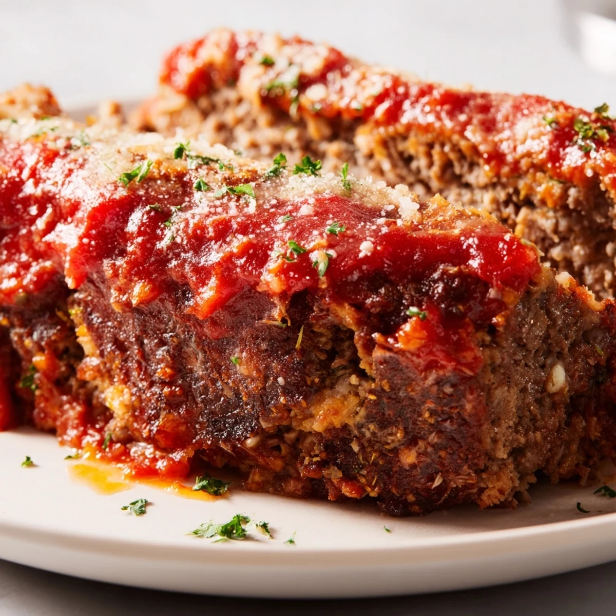 Homemade garlic Parmesan meatloaf loaf topped with ketchup glaze and extra grated cheese before baking