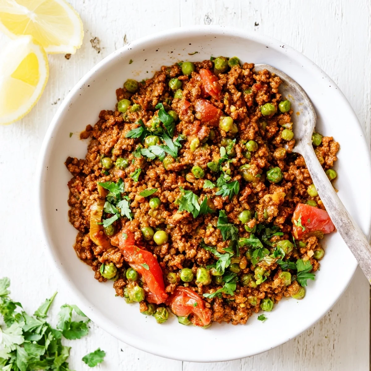 Golden keema curry with ground beef, vibrant peas, and fresh cilantro garnish in a serving bowl
