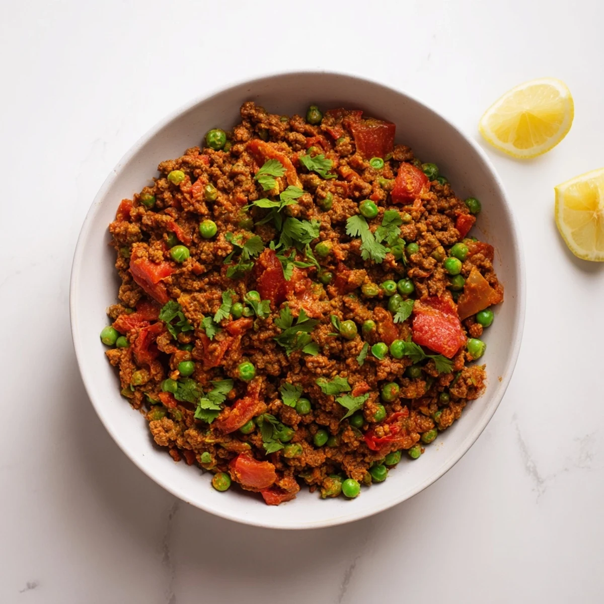 Rich and aromatic keema curry bubbling in a skillet, topped with chopped green onions