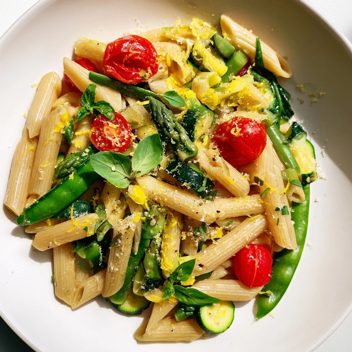 Colorful one pot spring vegetable pasta tossed with asparagus, snap peas, cherry tomatoes in a rustic white bowl