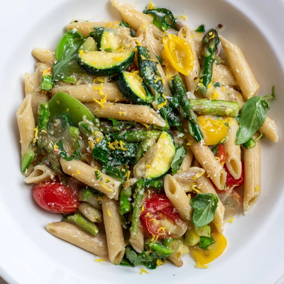 Steaming penne pasta with fresh zucchini, spinach, and basil garnish served family style on a wooden table