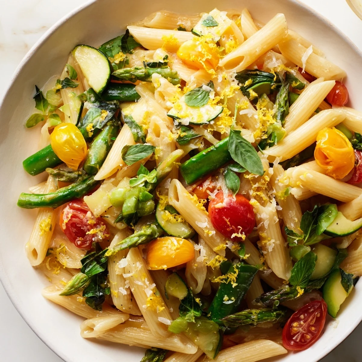 Close up of vibrant spring vegetable pasta parmesan cheese melting over tender noodles and crisp seasonal produce