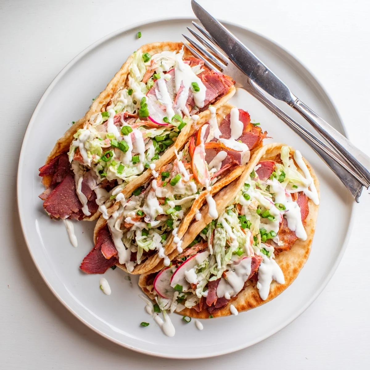 Golden Irish tacos stuffed with savory corned beef and crisp cabbage slaw