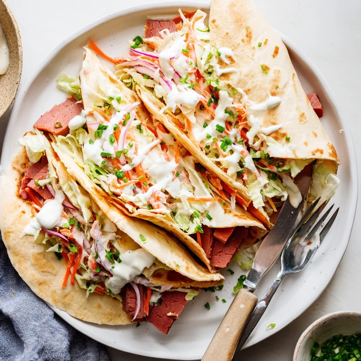 Fusion Irish tacos topped with creamy dressing and fresh green onion garnish