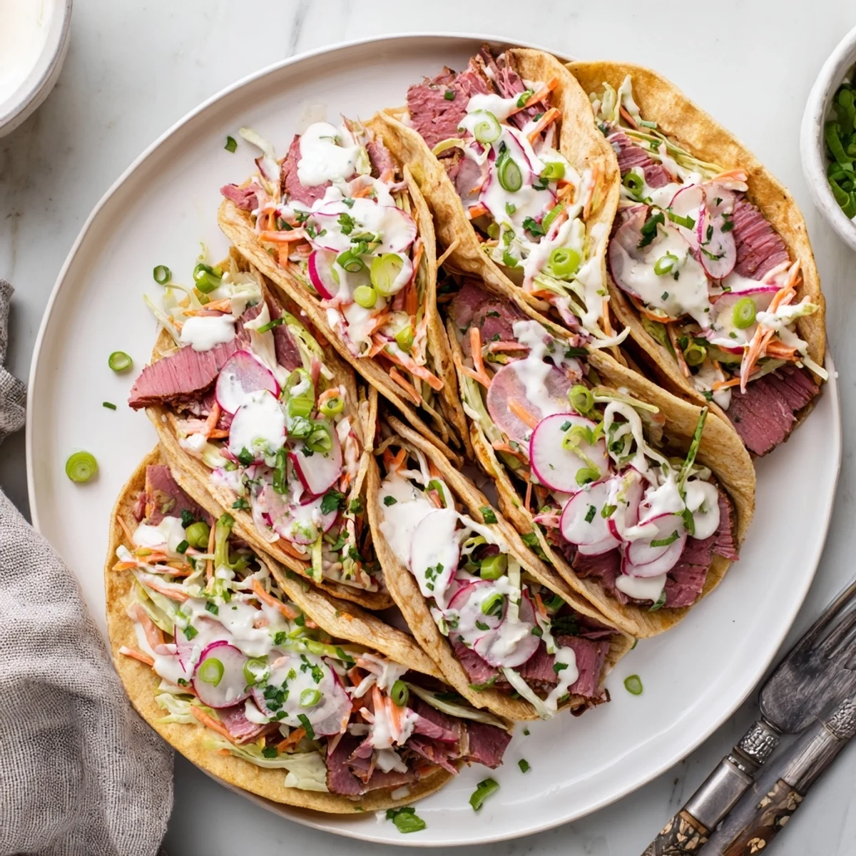 Warm flour tortillas wrapped around tender corned beef with zesty horseradish cream sauce