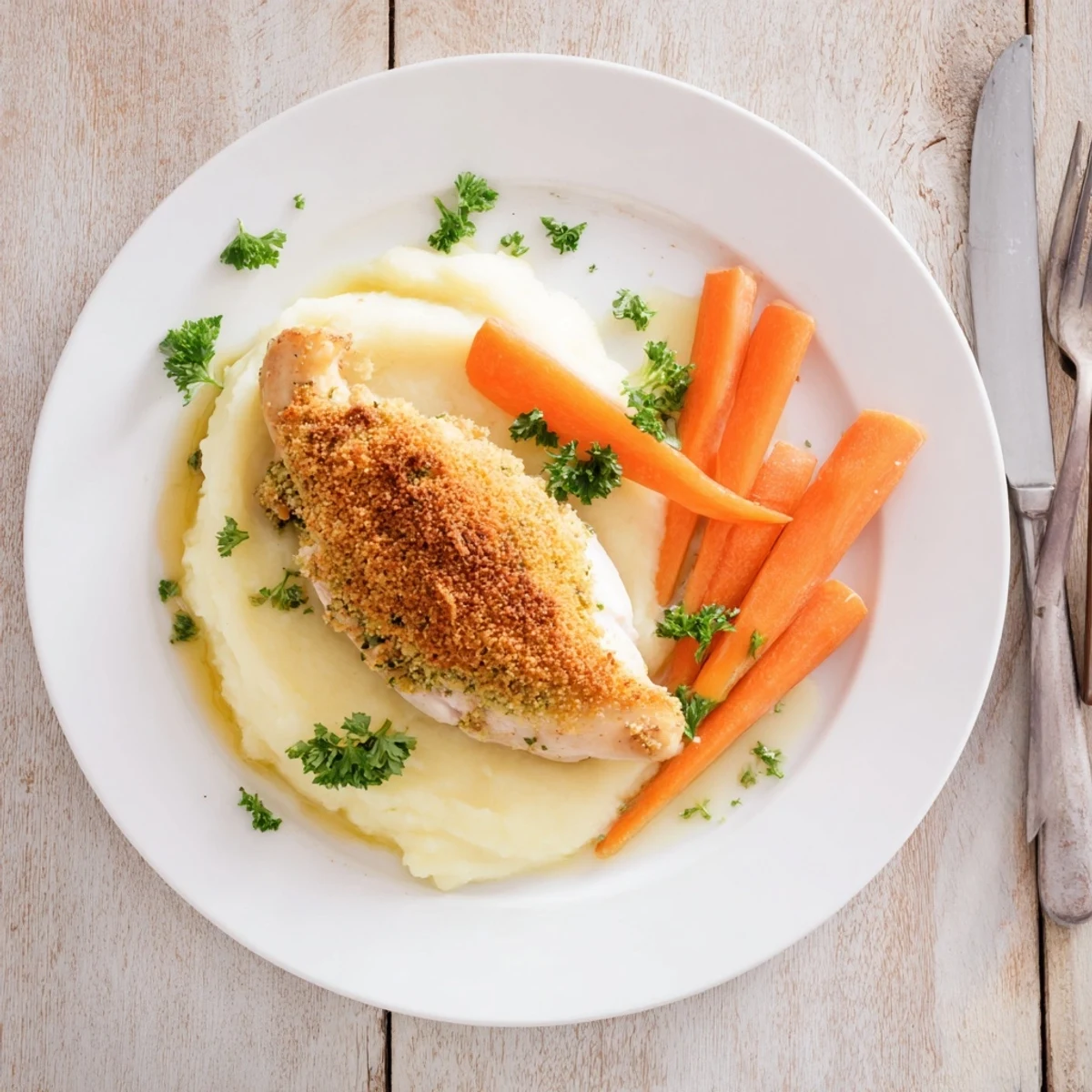 Golden herb-crusted chicken breast resting beside fluffy mashed potatoes and honey glazed carrots
