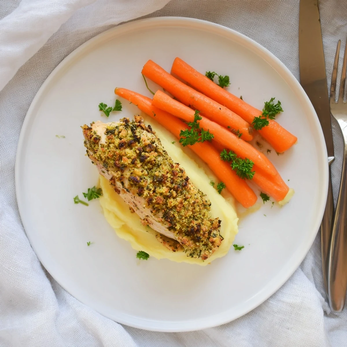 Comforting garlic herb chicken dinner served over smooth mashed potatoes with sweet honey carrots