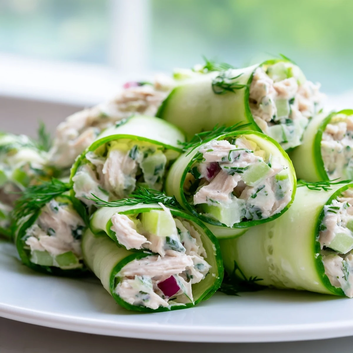 Fresh chicken salad cucumber roll ups featuring creamy filling inside crisp green cucumber ribbons on a white platter