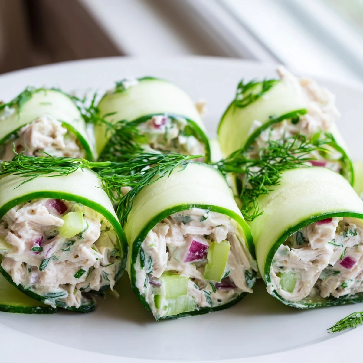 Light and healthy chicken salad cucumber roll ups arranged on serving board with dill garnish for appetizer spread