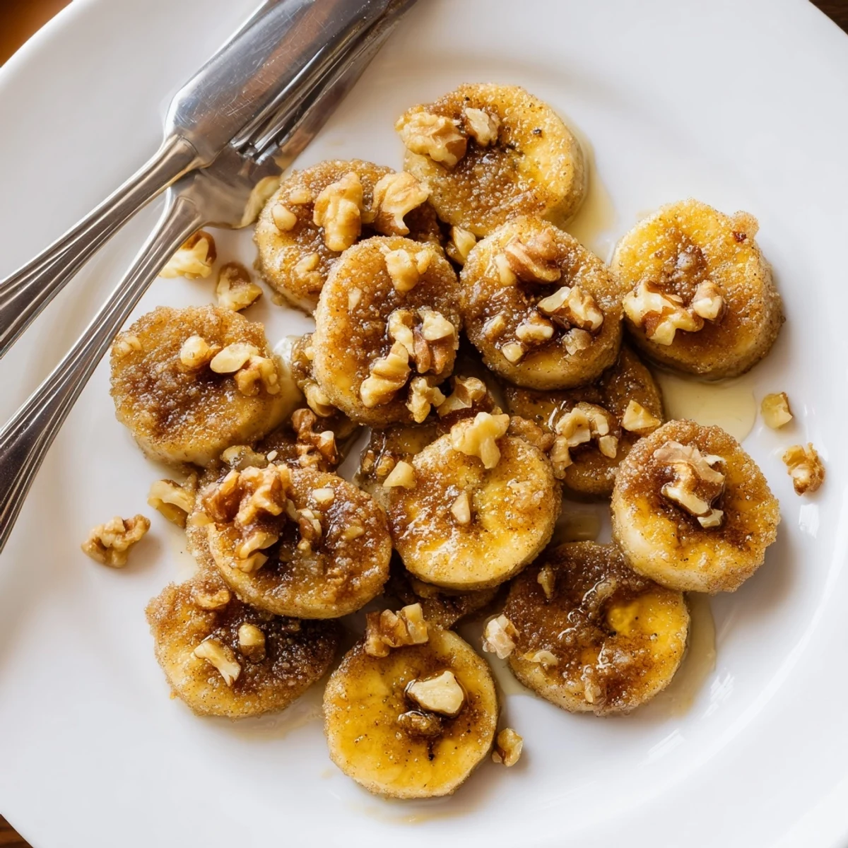 Sliced bananas sizzling in a skillet with melted butter and aromatic brown sugar cinnamon