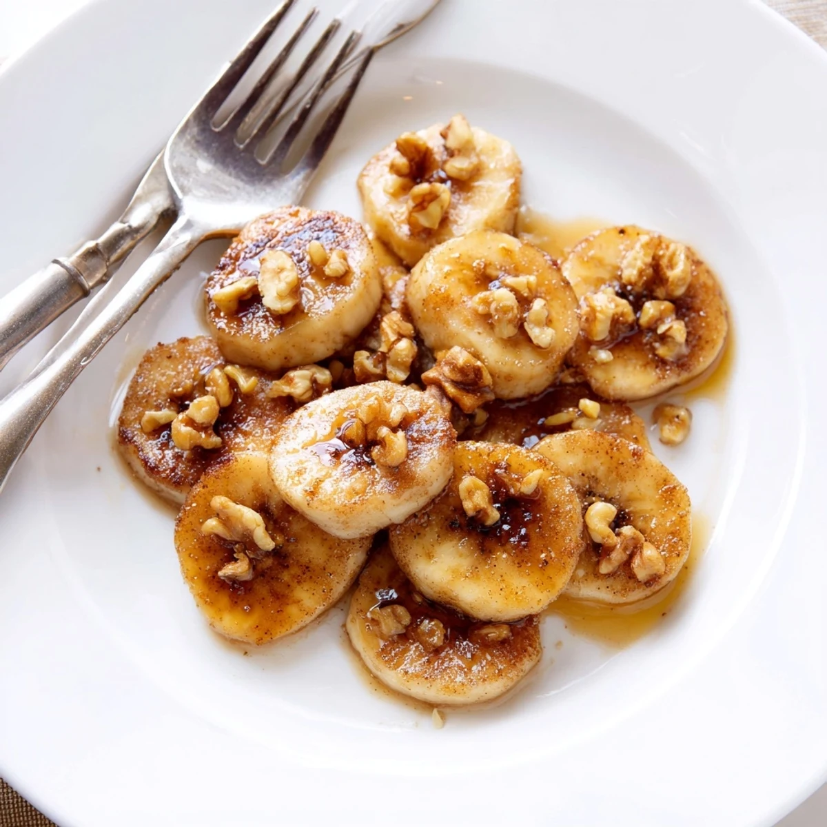 Warm pan fried cinnamon bananas served on a white plate with a golden caramelized glaze