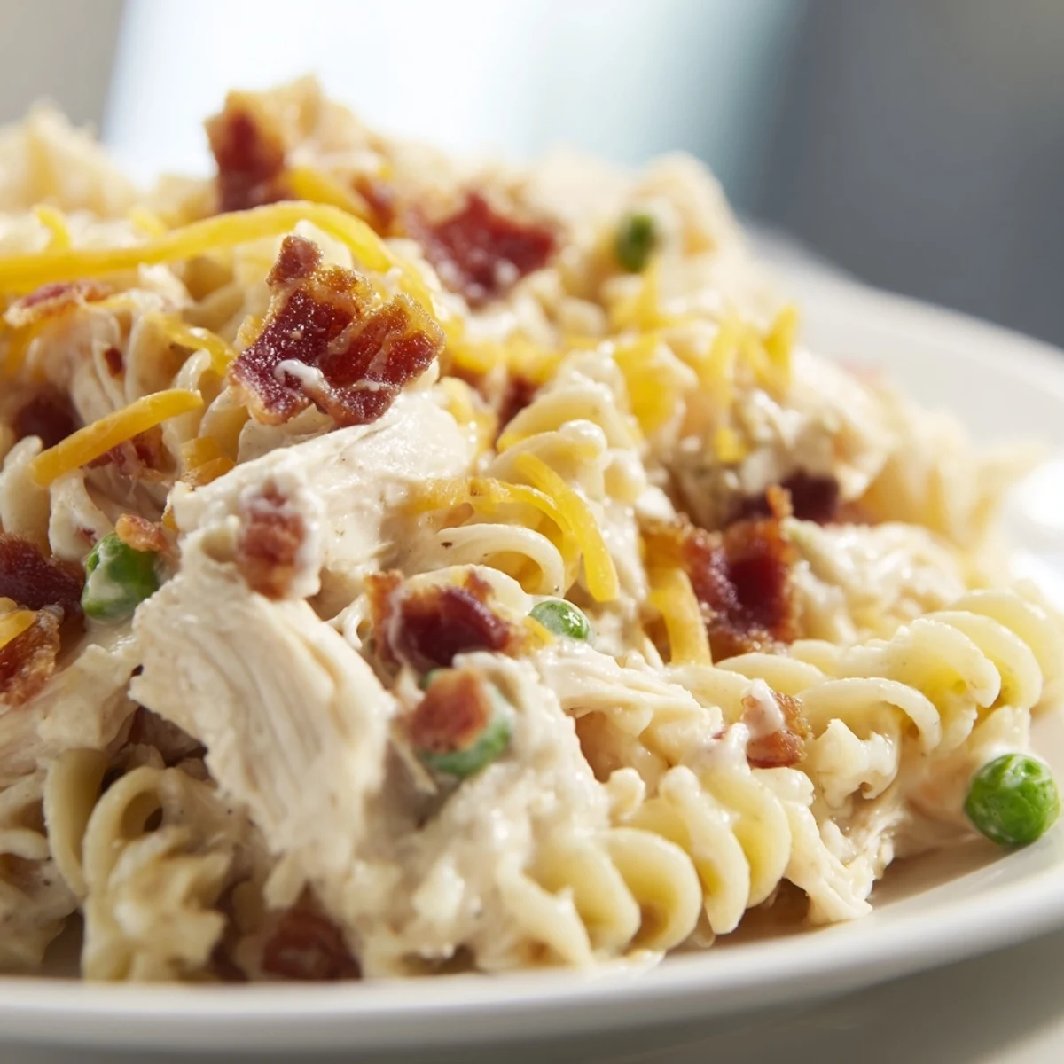 Golden Crock Pot Crack Chicken Casserole with melted cheddar, crispy bacon bits, and tender pasta noodles in a creamy ranch sauce